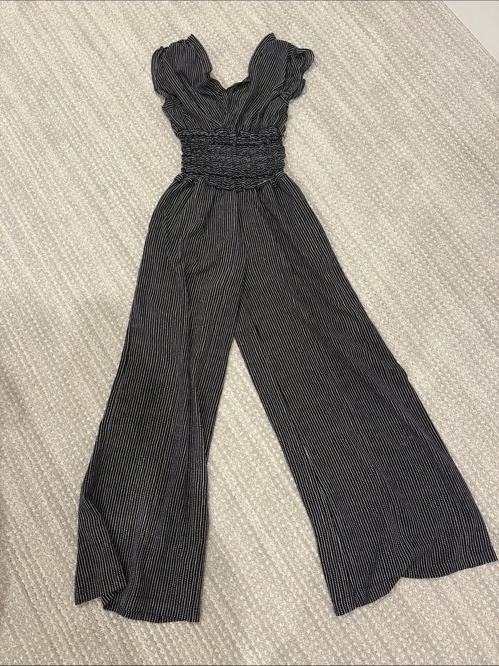 Max Studio Black Pinstripe Smocked-Waist Wide-Leg Jumpsuit